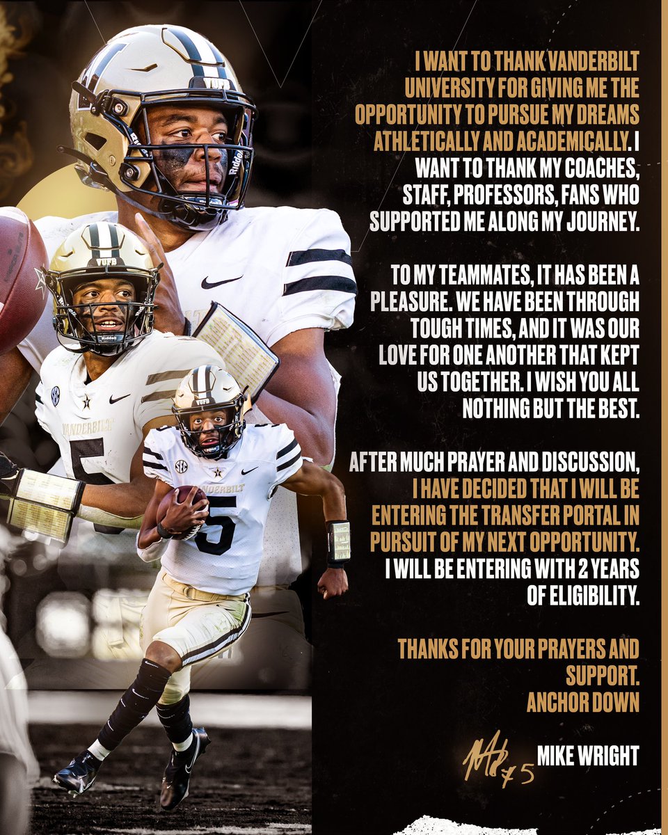 mike5wright's tweet image. I am blessed for my time at Vanderbilt. Thank you for the memories Commodore Nation🖤 #MW5

-Mike Wright