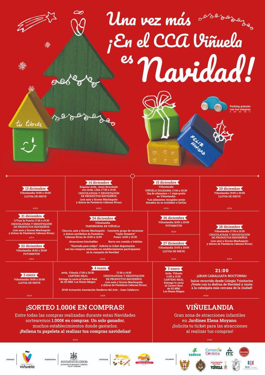 🎄Una vez más ¡En el CCA Viñuela es Navidad!🎄
☕Chocolatadas y degustaciones de anís y dulces 
🎡Atracciones infantiles en Viñuelandia
🤶Tardebuena en Viñuela
😎Sorteos, lluvias de nieve, visita del Cartero Real, recogidas de alimentos
‼Y una GRAN cabalgata de Reyes nocturna‼