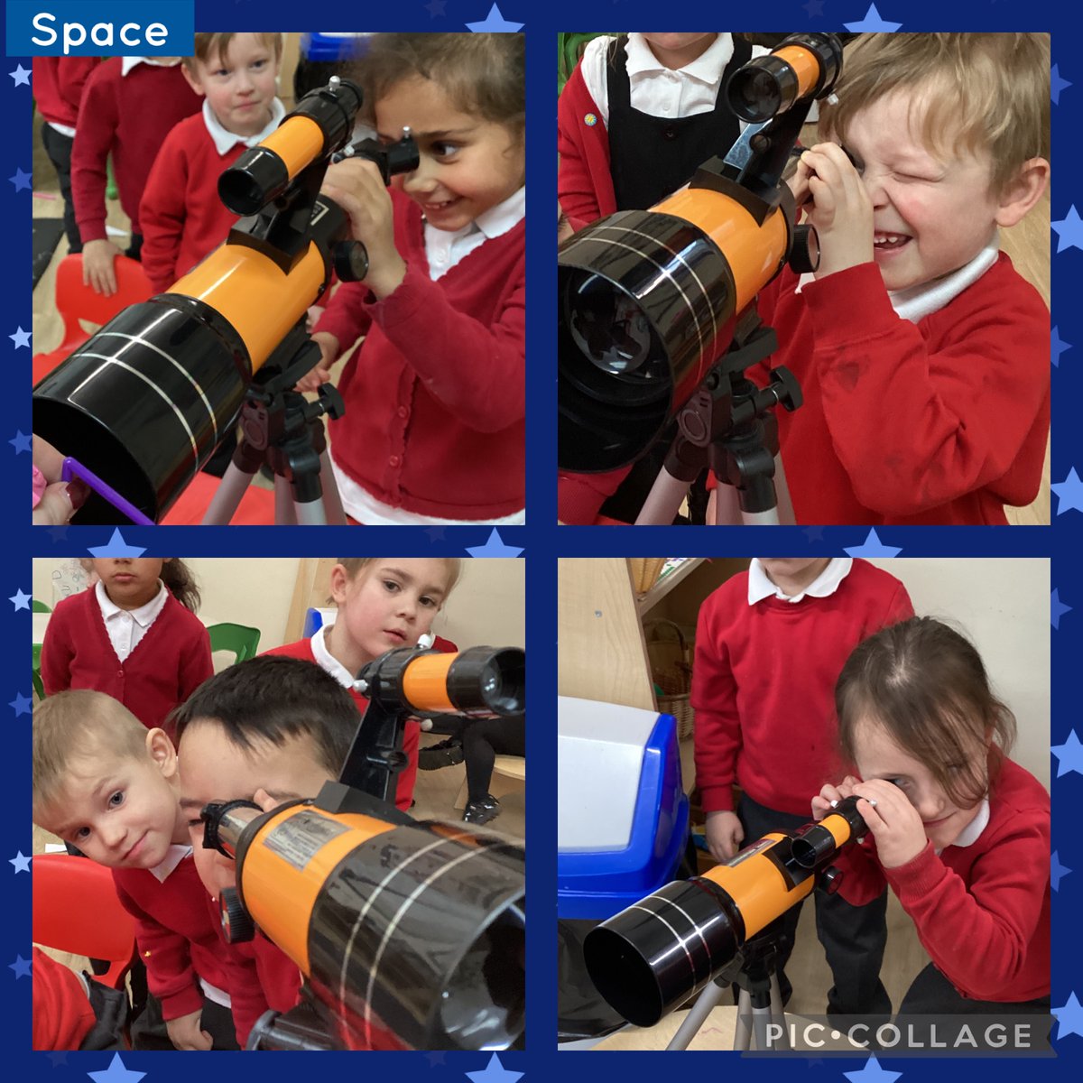 RockinghamEYFS's tweet photo. This term we have been learning about space in science. After looking at constellations, we were able to use the telescope. “It helps us look at things that are far away.” “Telescopes help you to see the real stars.” #rockinghamscience https://t.co/Qmjg50EW5P