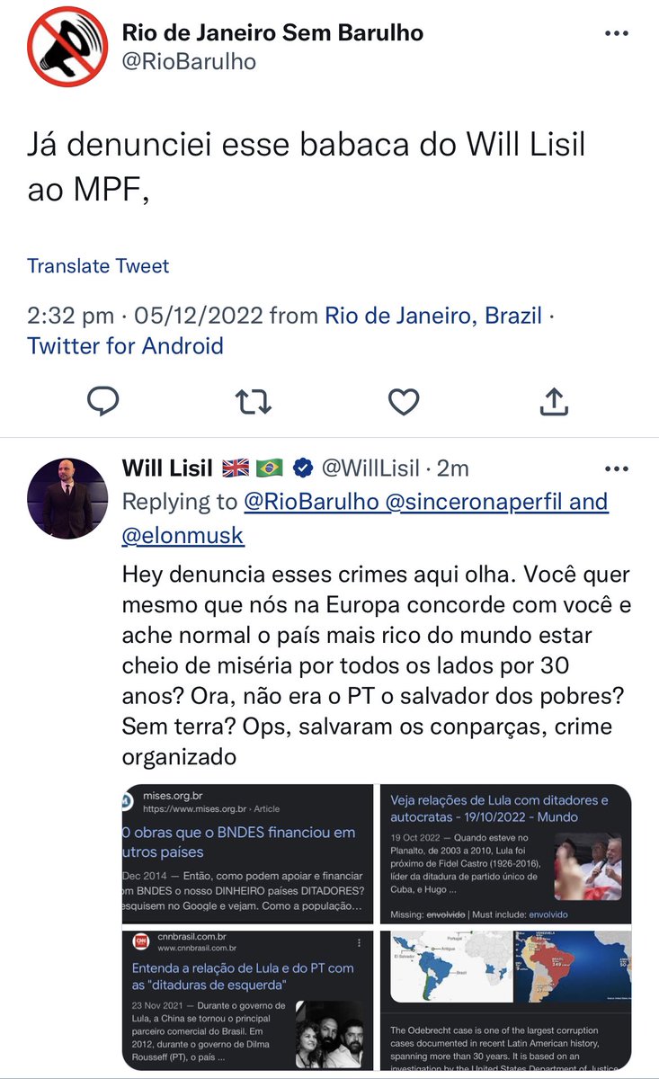 🇬🇧 DEAR BRAZIL 👉 @RioBraulho is accusing me of crimes against your country, and denouncing me to the “Ministério Público Federal”, because I never accepted the normalisation of Lula’s crimes, and said “IF YOU SUPPORT CRIMES YOU ARE A CRIMINAL”. Should I denounce his account? 🤷‍♂️