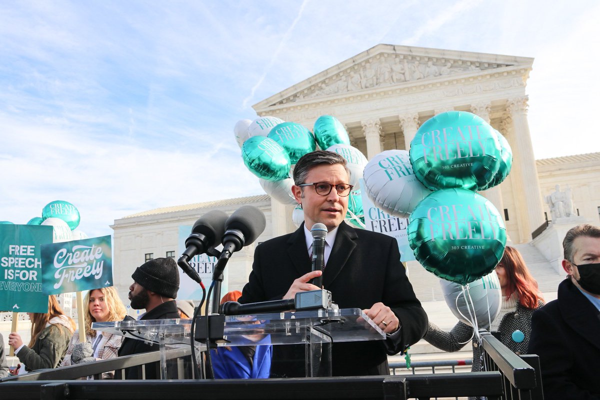SpeakerJohnson's tweet photo. The question in today’s landmark Supreme Court case—303 Creative v. Elenis—is simple:

Can the government FORCE you as an American to speak contrary to your sincerely held religious beliefs and right of conscience?

All of us should agree the answer must be a resounding “NO.” https://t.co/n4weLJyZSB