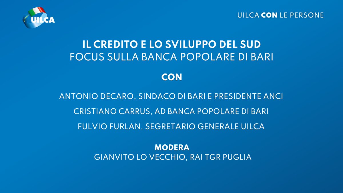 Uilcanetwork's tweet photo. Esecutivo Nazionale #Uilca 
"Il credito e lo sviluppo del Sud. Focus sulla Popolare di Bari" con @Antonio_Decaro sindaco di Bari e presidente @comuni_anci, Cristiano Carrus AD #PopolarediBari e Fulvio Furlan segretario generale Uilca
Modera: Gianvito Lo Vecchio
#UilcaConLePersone https://t.co/FriVvKwuYF