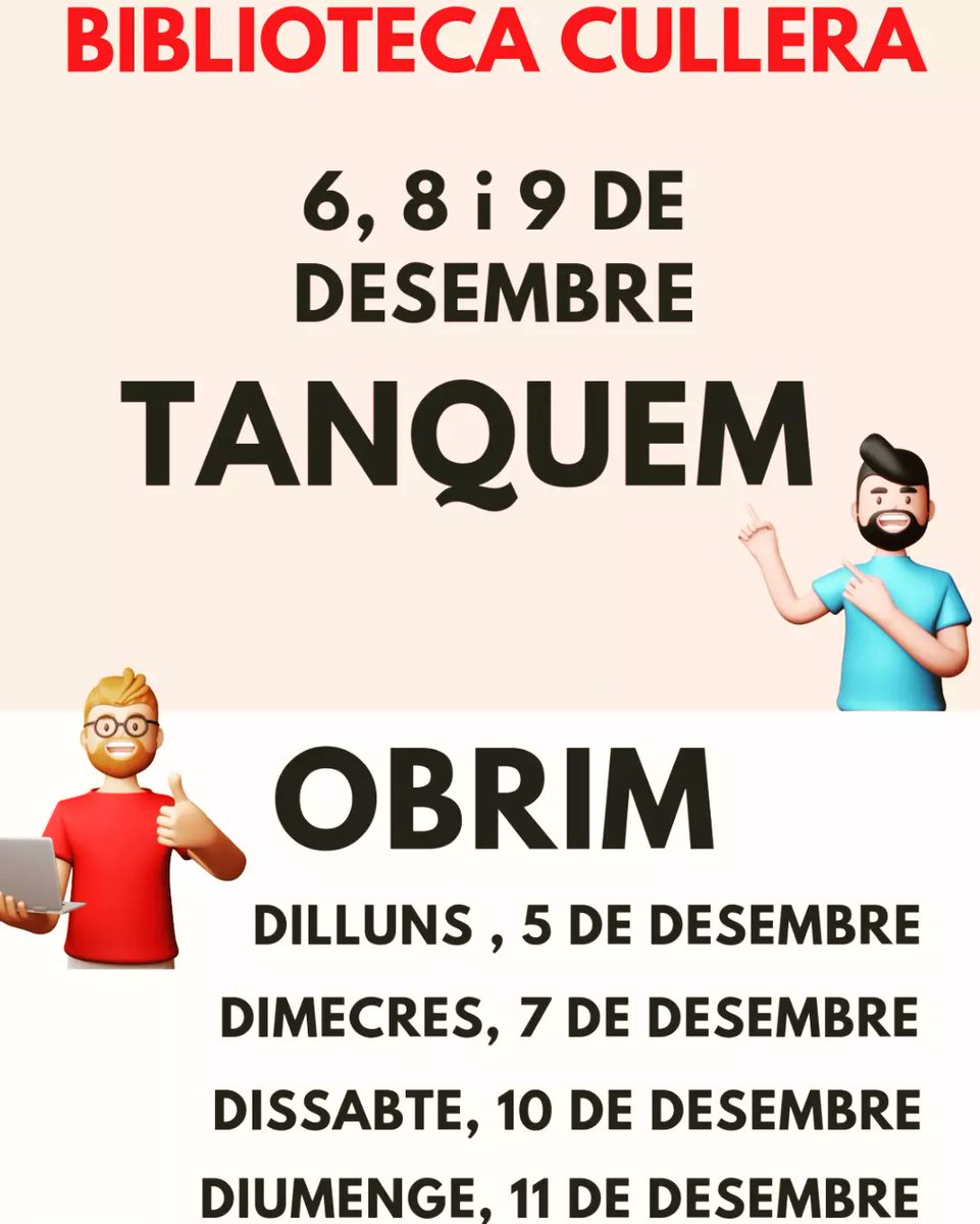 🗓👉Durant aquesta setmana la Biblioteca estarà TANCADA els dies 6, 8 i 9 de desembre. 
⏰Vos deixem calendari dels dies que obrim amb l'horari corresponent.
#Horarisespecials 
#festesalabiblioteca 
#biblioteca #cullera