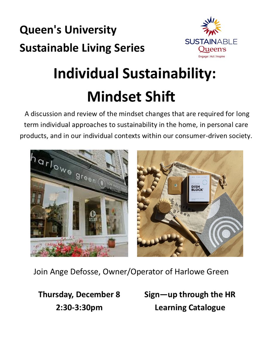 Join our final SLS of 2022 on Thursday, December 8, 2:30-3:30pm with Ange Defosse, Owner/Operator of Harlowe Green. Learn about the mindset changes required for long term individual approaches to sustainability. Register through the HR Learning Catalogue reg.abcsignup.com/reg/event_page…