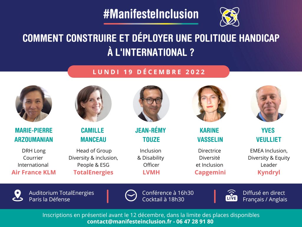 ManifesteInclu1's tweet photo. Dernière semaine pour vous inscrire en présentiel à la conférence du #ManifesteInclusion sur l #internationalisation des politiques #handicap, le 19 décembre chez @TotalEnergies  avec @airfrance @capgeminifrance @Kyndryl et @LVMH !
Inscription gratuite : https://t.co/WT8WluWQZt https://t.co/leYD9MS9Z5