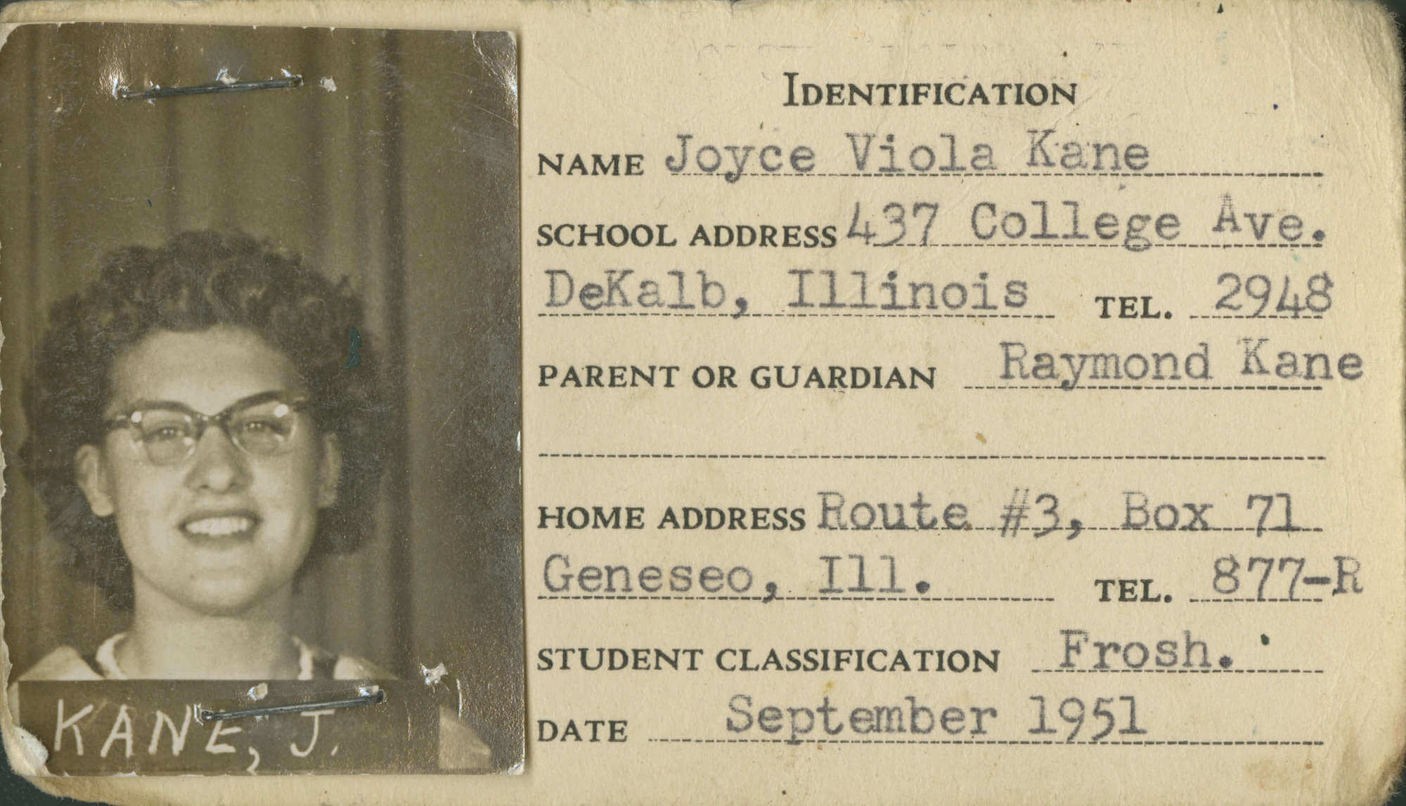 Joyce DeFauw's original 1951 NIU identification card.