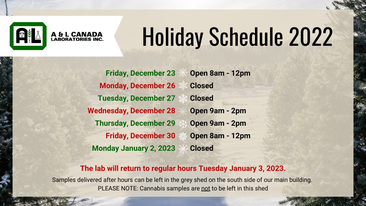 A&L Canada Laboratories Inc. (@alcanadalabs) on Twitter photo Happy Holidays from the staff at A&L Canada Labs!
As we approach the holidays, please take note of reduced hours and plan accordingly.
For any questions, contact customer service at alcanadalabs@alcanada.com Happy Holidays from the staff at A&L Canada Labs!
As we approach the holidays, please take note of reduced hours and plan accordingly.
For any questions, contact customer service at alcanadalabs@alcanada.com