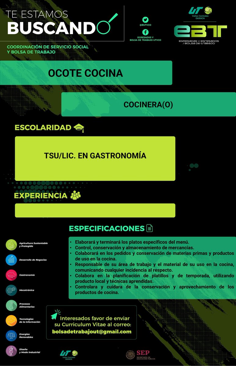 BUtvco's tweet photo. En Ocote Cocina a te estamos buscando 
🔹Experiencia no requerida.
🔹Vacante para turno matutino de 7:00 am a 3:00 pm 
🔹Vacante para turno vespertino de 3:00 pm a 11:00 pm
✍ Interesados mandar su C.V. a 
✅bolsadetrabajout@gmail.com
@gastroutvco
@utvco https://t.co/vRsCBLD0Kk