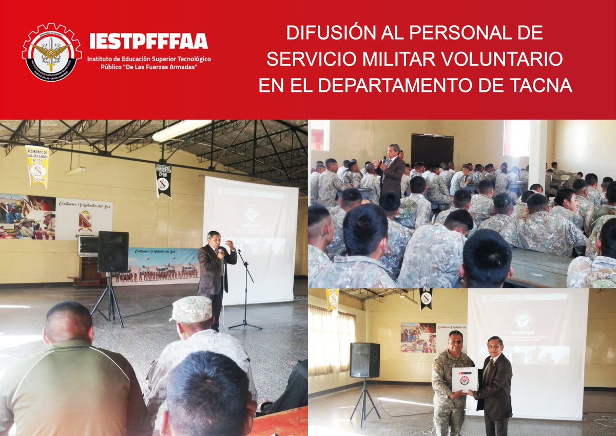 IESTPFFAA's tweet photo. DIFUSIÓN AL PERSONAL DE SERVICIO MILITAR VOLUNTARIO EN EL DEPARTAMENTO DE TACNA 
La charla estuvo a cargo del Coronel EP (r) Ricaldi Rodríguez Juan, Director de la Dirección de Bienestar y Empleabilidad  del IESTPFFAA https://t.co/YZxx9bWKQ7