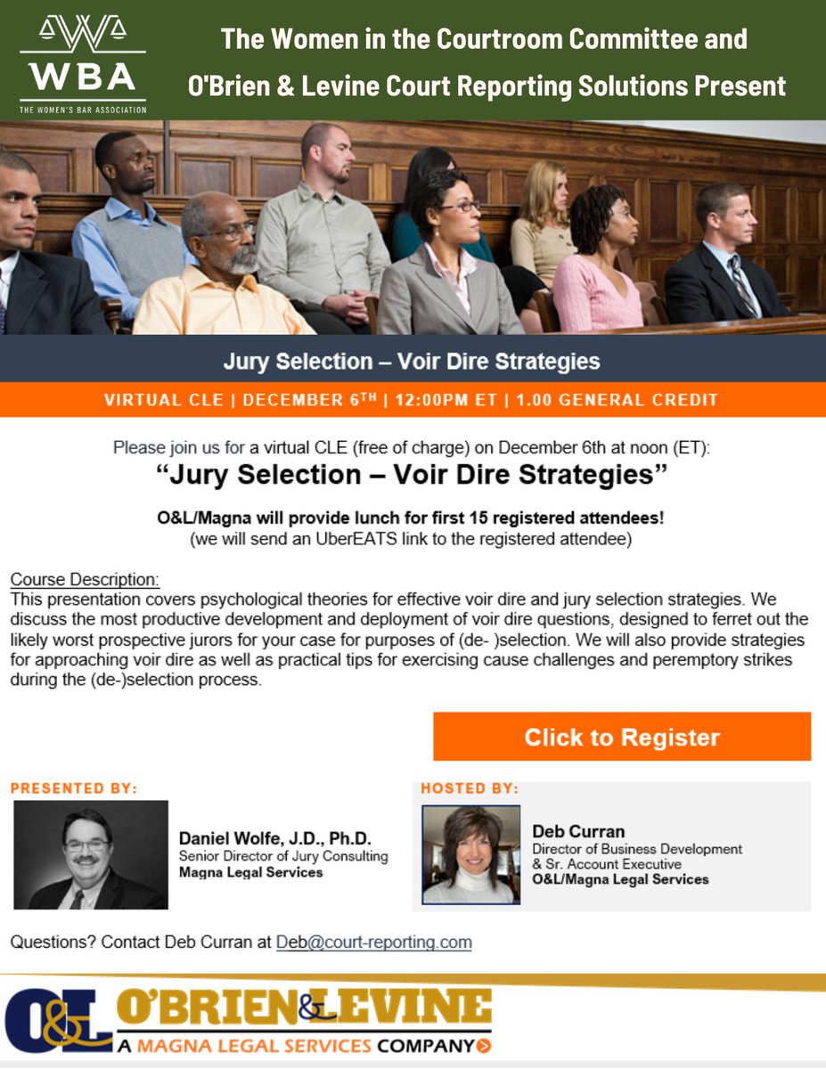 WBAofMA's tweet photo. Join us TOMORROW for “Jury Selection – Voir Dire Strategies,” presented by the Women in the Courtroom Committee and @OBrienLevine. 

Register now with the link below!
https://t.co/FVA4VedRim

#wbaofma #womenlawyers #womeninlaw #networking #cle https://t.co/vvrrvaXQDv