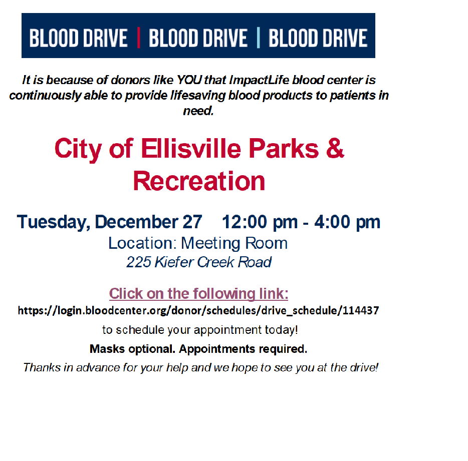 Blood drive at Bluebird Park December 27th 2022. Click here to sign up: login.bloodcenter.org/donor/schedule…