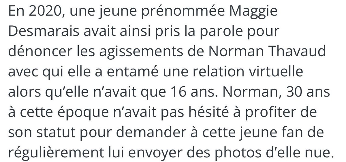 Tout le monde fait le surpris concernant les accusations contre #NormanThavaud mais ça fait 2 ans que la première victime a parlé, elle a d’ailleurs été moquée et traînée dans la boue pour l’avoir dénoncé.