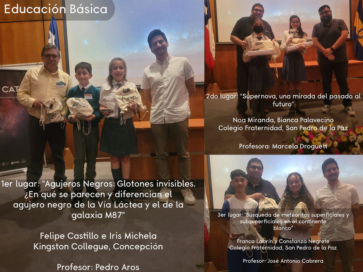 astroudec's tweet photo. 📸Revisa los grupos ganadores del 10mo Congreso Astronómico en las categorías Educación Media y Básica, además de la Mención Honrosa y el premio al mejor expositor/a del Congreso.
#AstroUdeC #Astrofoto #UdeC #Cata #Titans #ALMA #Física #Astronomy #Divulgación #ciencia https://t.co/UWFPcEARuK