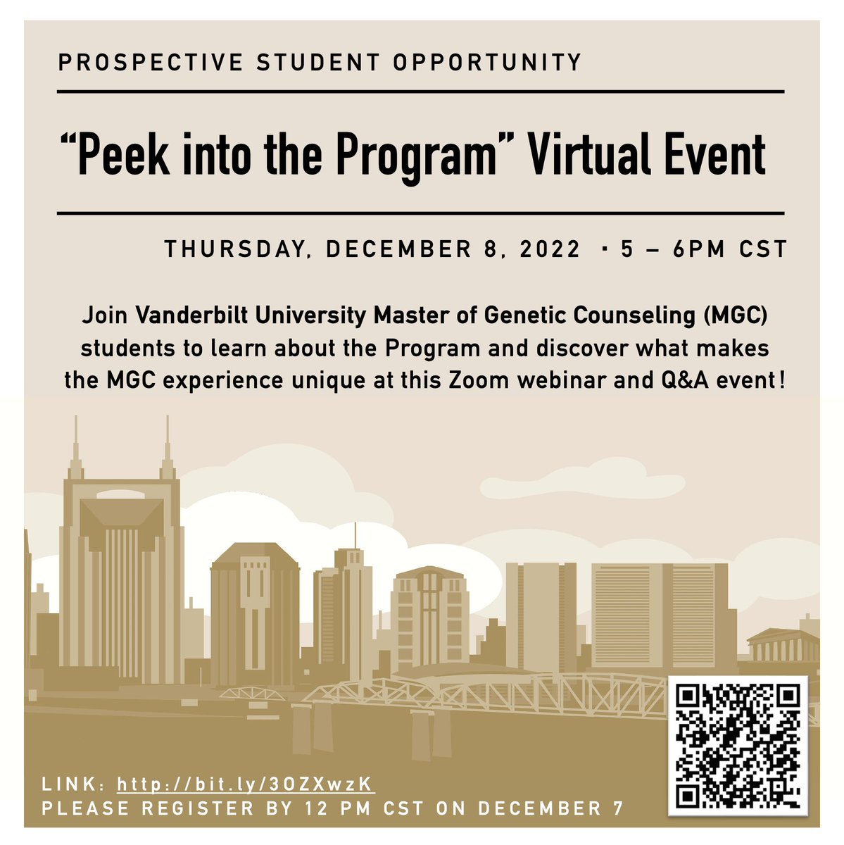 Join #VandyMGC students for our annual 'Peek into the Program' virtual event for prospective applicants on Thursday, December 8 at 5 PM CST. 

Please register by Wednesday, December 7 at noon CST. RSVP here: bit.ly/3OZXwzK #GeneChat