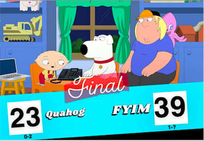 QuahogFunkyBunc's tweet photo. Final. 
Tough loss against a mid FYIM team. Tough not having Will "Sauce" "Batman" "Guard Dog" Gardner. Need the full 7 man roster if we want to compete. Also, they shut the lights out for some reason and we played the second half in the dark... We move to SCC on Sunday! #giggity https://t.co/rASBeTHqiC