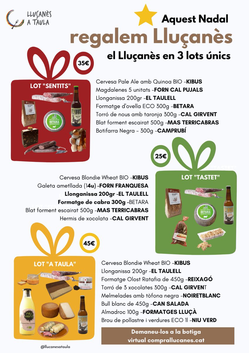 AQUEST NADAL TAMBÉ ACOSTEM EL LLUÇANÈS A LA VOSTRA TAULA🎄🧀🍪🐖

Des de Lluçanès a Taula us oferim els nous lots de productes d'enguany.

Els podeu demanar a la nostra botiga virtual 👇🏼comprallucanes.cat/marketplace/ll…

3 lots amb productes locals i de proximitat 💯 %  #Lluçanès!