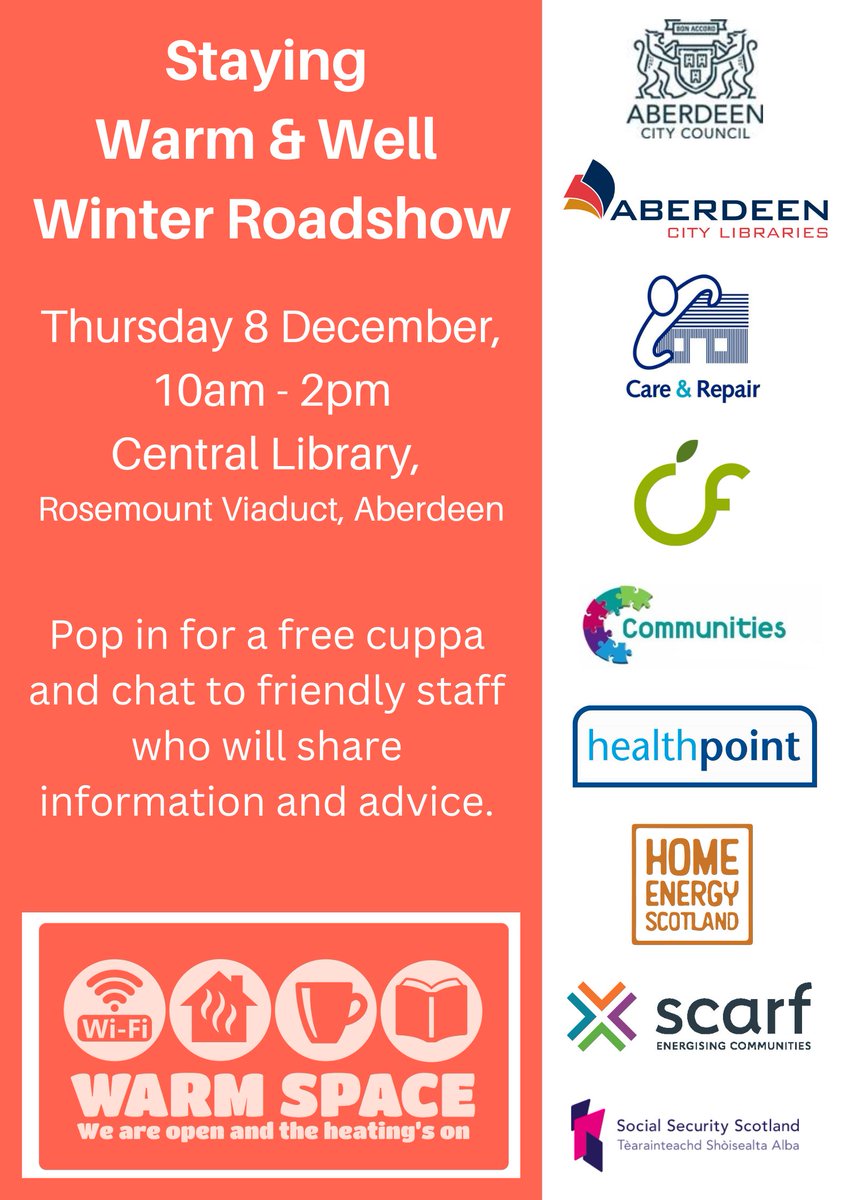 AlcDrugsAction's tweet photo. It's getting chilly out there, so come out of the cold for a warm cuppa this Thursday. Come and chat to some friendly faces to get some advice on how to stay toasty this winter. #warmspace #reducebills #saveenergy @CEO_ADA @CFINEAberdeen https://t.co/Q3JL726JqR