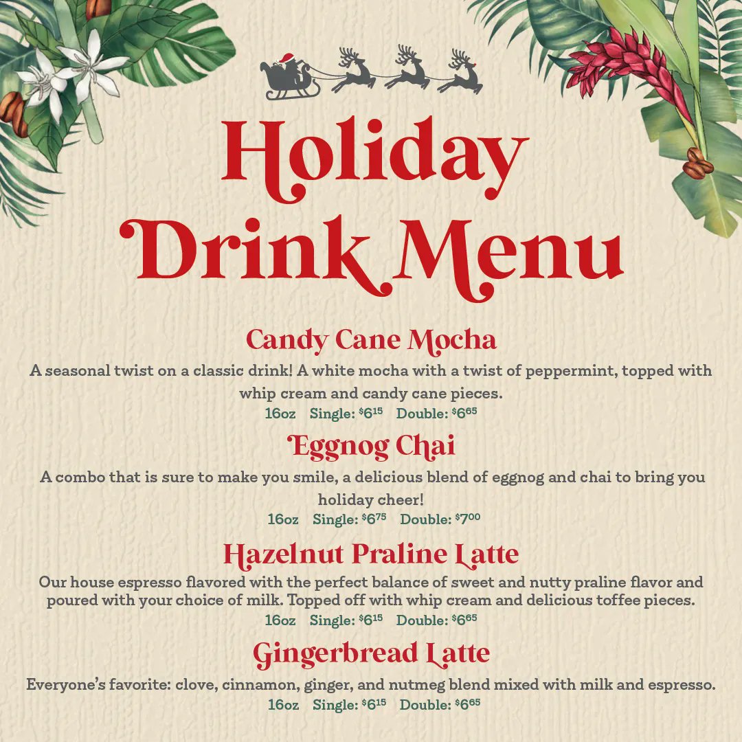 Tis the season to indulge in fun drinks. Our holiday menu is out and ready for your sweet and savory taste buds. There's more than enough time to try our Candy Cane Mocha, Eggnog Chai, Hazelnut Praline latte and Gingerbread Latte. Order online or come in! buff.ly/3tg2nCP