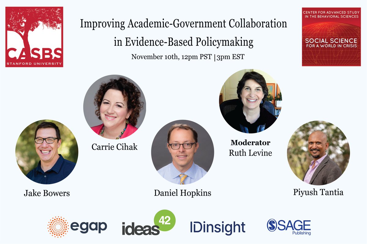On Nov 10, <a href="/CASBSStanford/">CASBS</a> hosted an online discussion featuring <a href="/RuthLevine5/">Ruth E Levine is on Substack</a>, <a href="/jakewbowers/">Jake Bowers</a>, <a href="/cscihak/">Carrie S. Cihak</a>, <a href="/dhopkins1776/">Dan Hopkins</a>, and <a href="/Piyush_Tantia/">Piyush Tantia</a>.

"Improving Academic-Government Collaboration in Evidence-Based Policymaking" is available now.

Click here to view ow.ly/r8j550LVe0X
