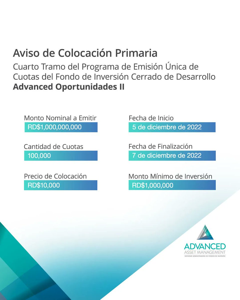 aamfunds's tweet photo. Hoy inicia la Colocación Primaria del 4to. Tramo del Programa de Emisión Única de Cuotas de Participación de nuestro Fondo de Inversión Cerrado de Desarrollo Advanced Oportunidades II. 

#AAM #CapitalInteligente #GrowForever https://t.co/tw5WLGcCVL