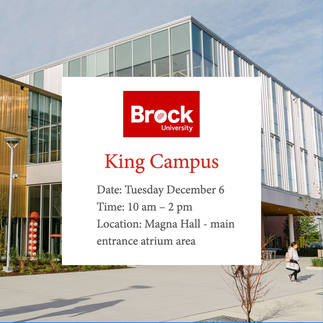 SenecaPathways's tweet image. Brock University is visiting King campus tomorrow! ⁠
⁠
If you are thinking of furthering your education, @BrockUniversity will be on King campus from 10 am - 2 pm to talk to you about your pathway options.⁠
⁠
Drop by the atrium to learn more! ⁠
⁠
#SenecaPathways