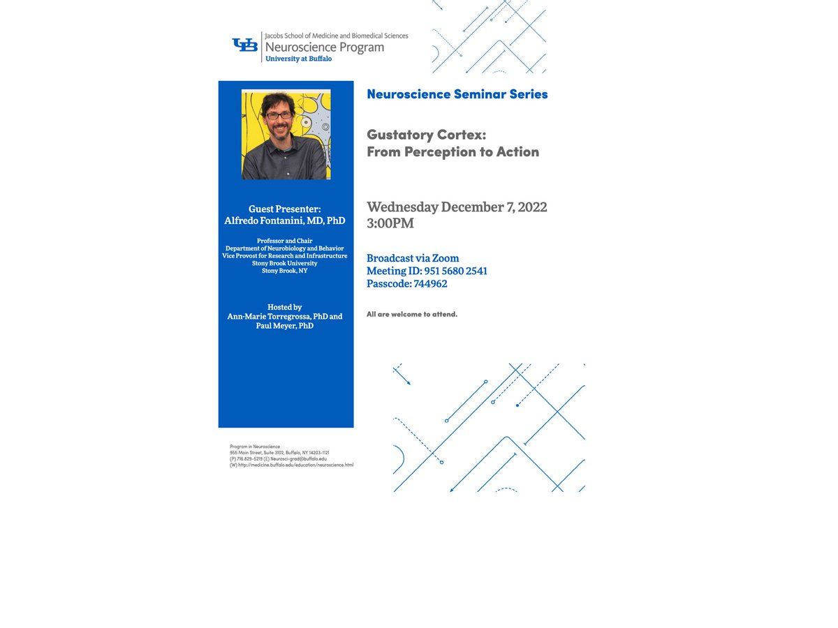 The NRS Seminar Series continues on Wednesday December 7th. Dr. Alfredo Fontanini of Stony Brook University will present his research on taste and reward! #neuroscience #taste #ubuffalo #seminar