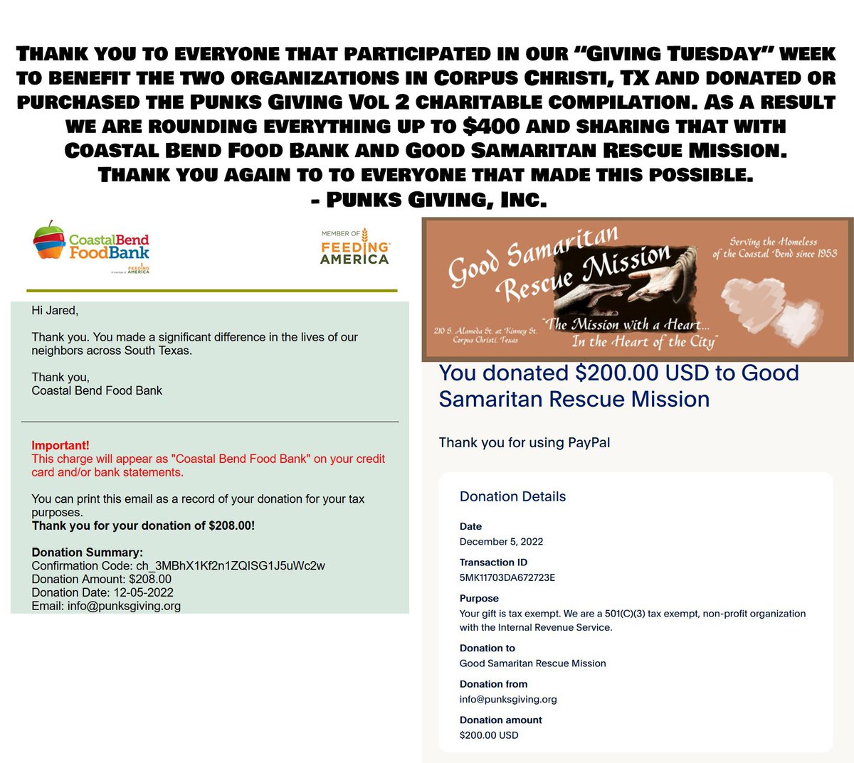 PunksGiving's tweet photo. Thank you to everyone that participated in our #GivingTuesday week. As a result we are rounding everything up to $400 &amp; sharing that with @CoastalBendFB &amp; Good Samaritan Rescue Mission. Thank you again to to everyone that made this possible.

Punks Giving, Inc.
#PunksGiving https://t.co/lvEKf6wshQ