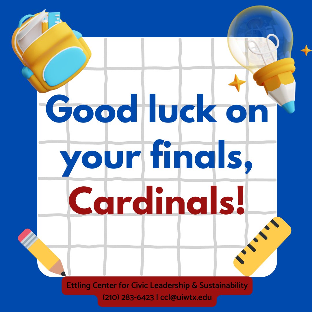 uiweccl's tweet photo. Cardinals, we wish you luck on final exams! Be sure to stop by the Tutoring Center, as there are many resources to help you during this time. For other questions, contact the Ettling Center at ccl@uiwtx.edu. https://t.co/qud8kAp3Gv