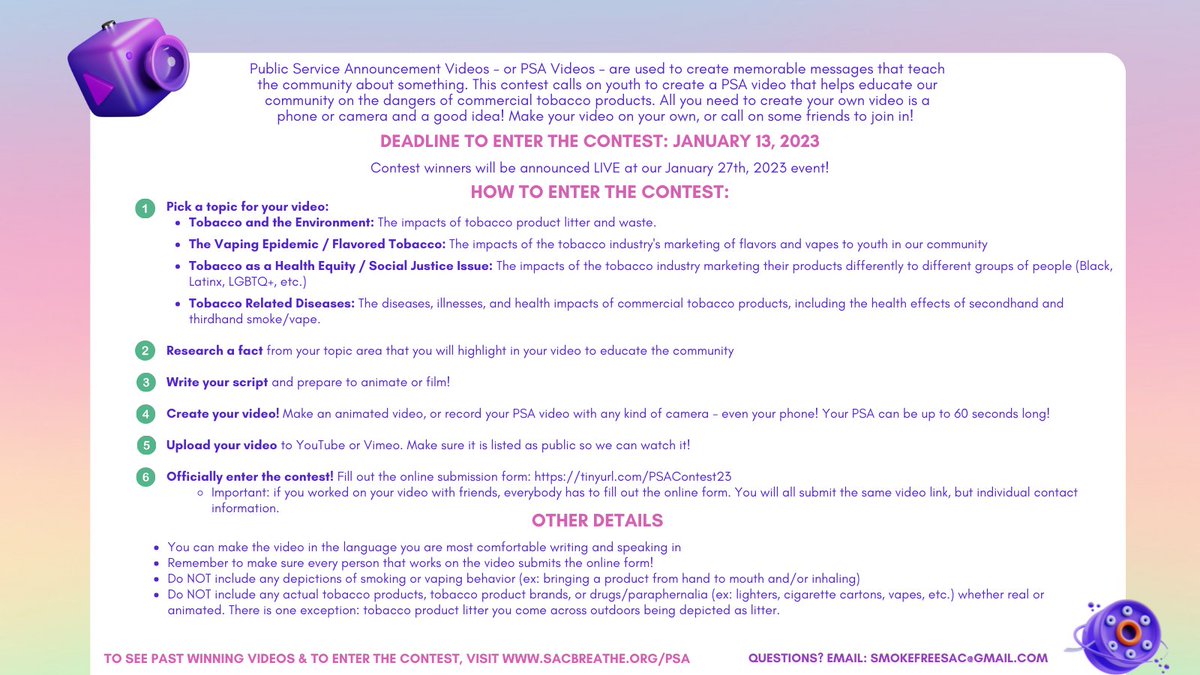 The deadline to submit an awesome PSA Video to our contest is fast approaching! Make sure to submit your tobacco prevention-related video by January 23rd to be entered to win prizes up to $100!