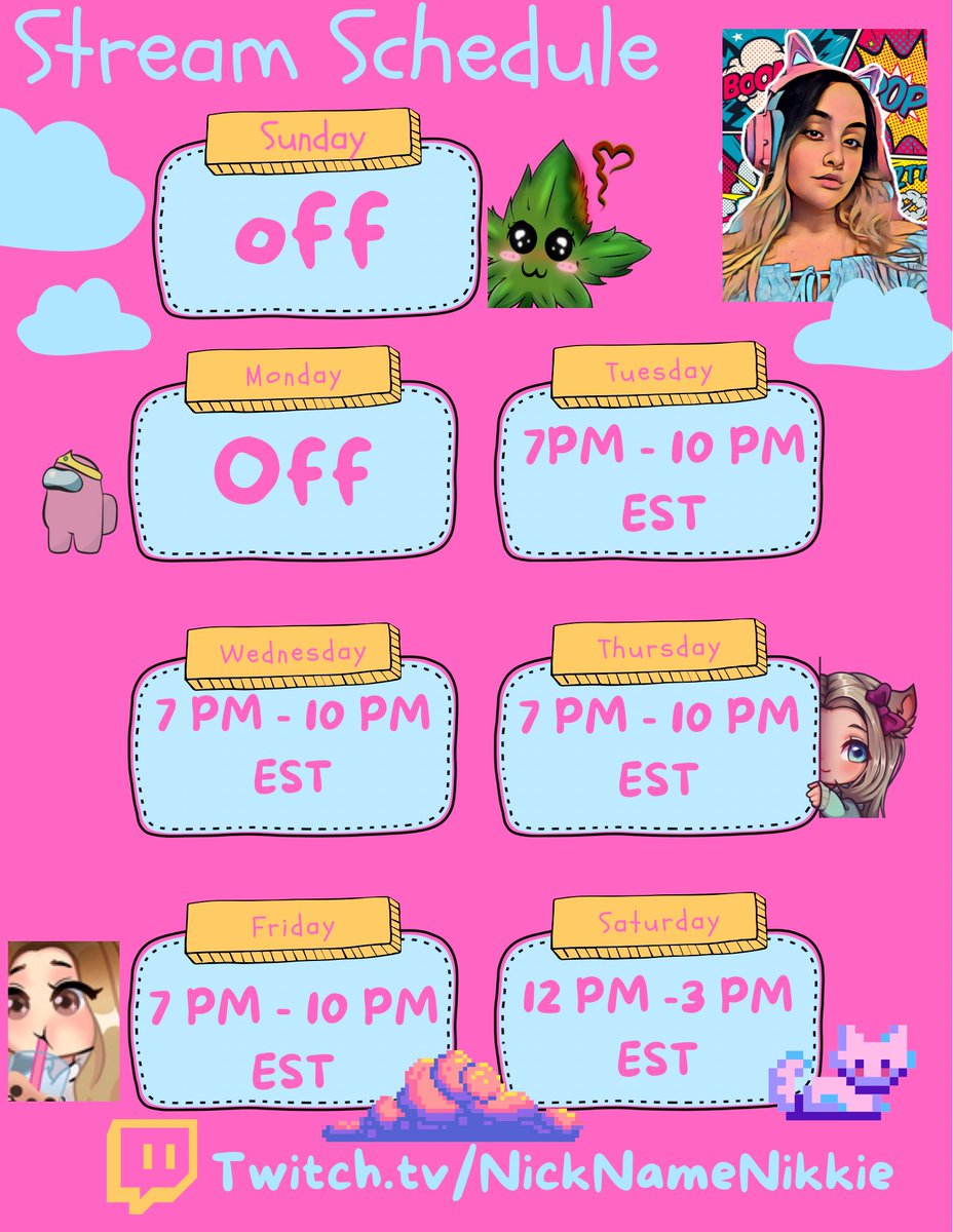 NickNameNikkie's tweet photo. 💖NEW💖 Stream Schedule 🎙️☁️🌸 @Twitch https://t.co/vzqhMR3uN6
#Streamer #StreamSchedule #twitchstreamers #TwitchAffilate #femalestreamer #gamergirl #twitch #SmallStreamersConnect #BestieFam #NickNameNikkie https://t.co/sv0yDaLSdF