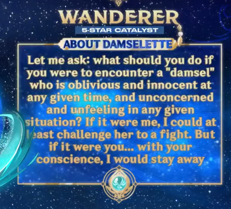 DailyyColumbina's tweet photo. wanderer's/scara's voiceline about damselette!! https://t.co/Yyv2BnxT2R