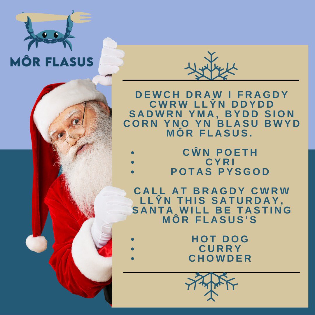 🎅🏻 Dewch draw i Fragdy Cwrw Llŷn ddydd sadwrn yma, bydd Sion Corn yno yn blasu bwyd Môr Flasus. 

1️⃣ Cŵn poeth
2️⃣ Cyri
3️⃣ Potas pysgod

Call at Bragdy Cwrw Llŷn this saturday, Santa will be tasting Môr Flasus

1️⃣ Hot dog 
2️⃣ Curry
3️⃣ Chowder 

⏰ 13:00-16:00