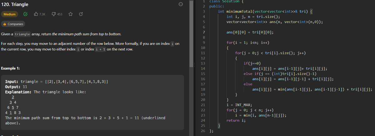 Kunjika_9's tweet photo. Day 51:
Problem: Triangle
Minimum path sum from top to bottom.
Based on Dynamic Programming.
#60daysofcoding #60daysofgrowth #GirlsWhoCode https://t.co/zhGGNM6lkN