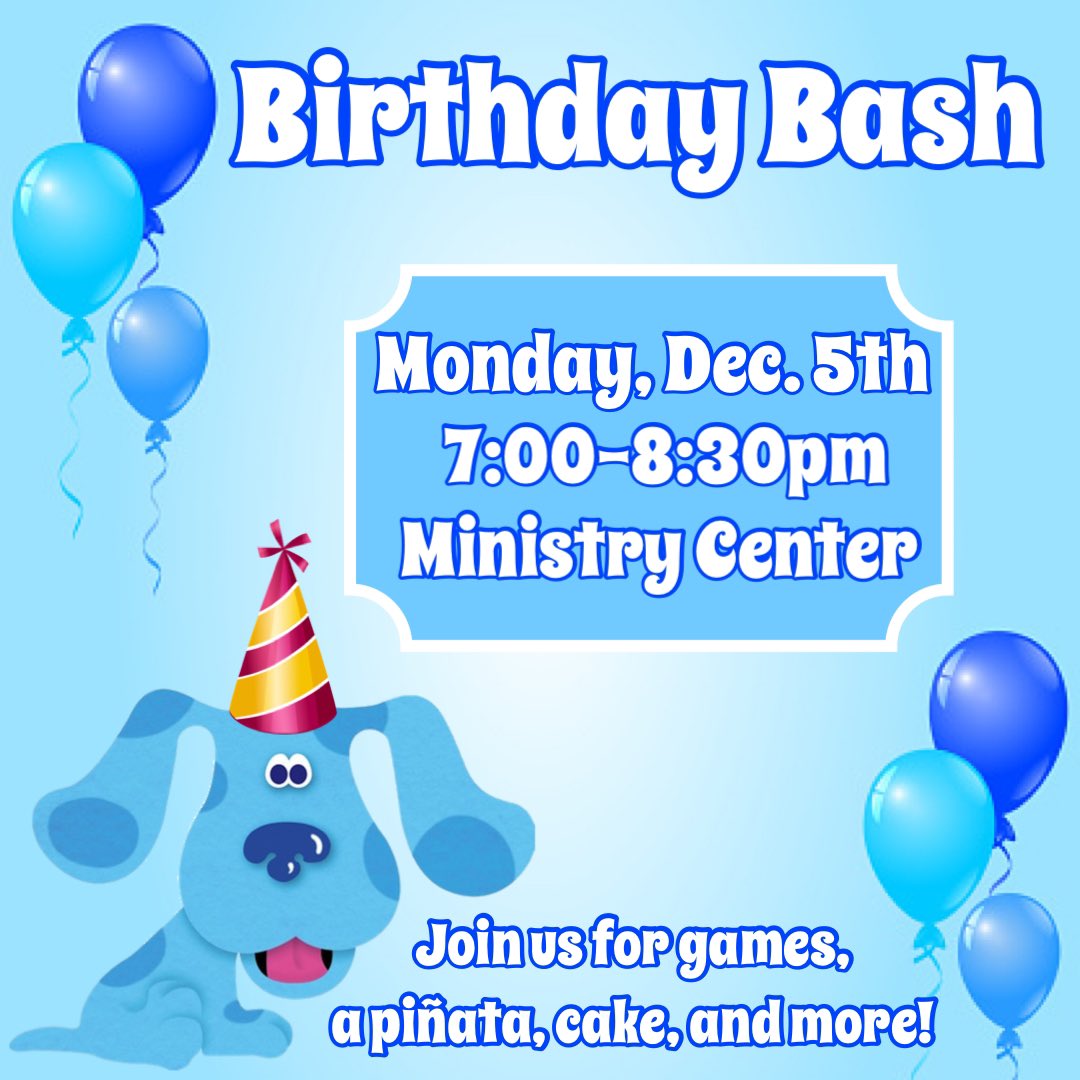 Who doesn't love a birthday party?? We know we do! ALL students in grades 6-8th are invited to a special birthday bash TONIGHT! We will have games, a piñata, cake and more! 
Hope you'll join us from 7:00-8:30pm in the Ministry Center!