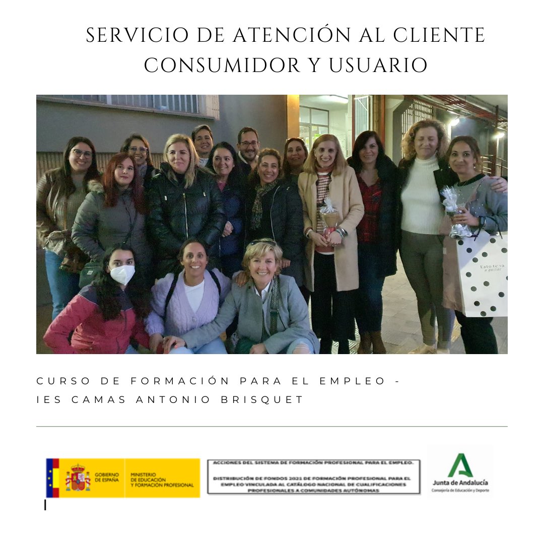 iescamas's tweet photo. 📣 El alumnado del Curso de Certificado de Profesionalidad de 𝐒𝐞𝐫𝐯𝐢𝐜𝐢𝐨 𝐝𝐞 𝐚𝐭𝐞𝐧𝐜𝐢𝐨́𝐧 𝐚𝐥 𝐜𝐥𝐢𝐞𝐧𝐭𝐞, 𝐜𝐨𝐧𝐬𝐮𝐦𝐢𝐝𝐨𝐫 𝐲 𝐮𝐬𝐮𝐚𝐫𝐢𝐨, finaliza el curso con éxito!  📣 ¡Esperamos que hayáis aprendido mucho! #camas #sevilla #empleo #iescamas https://t.co/HD6xGdAxNe