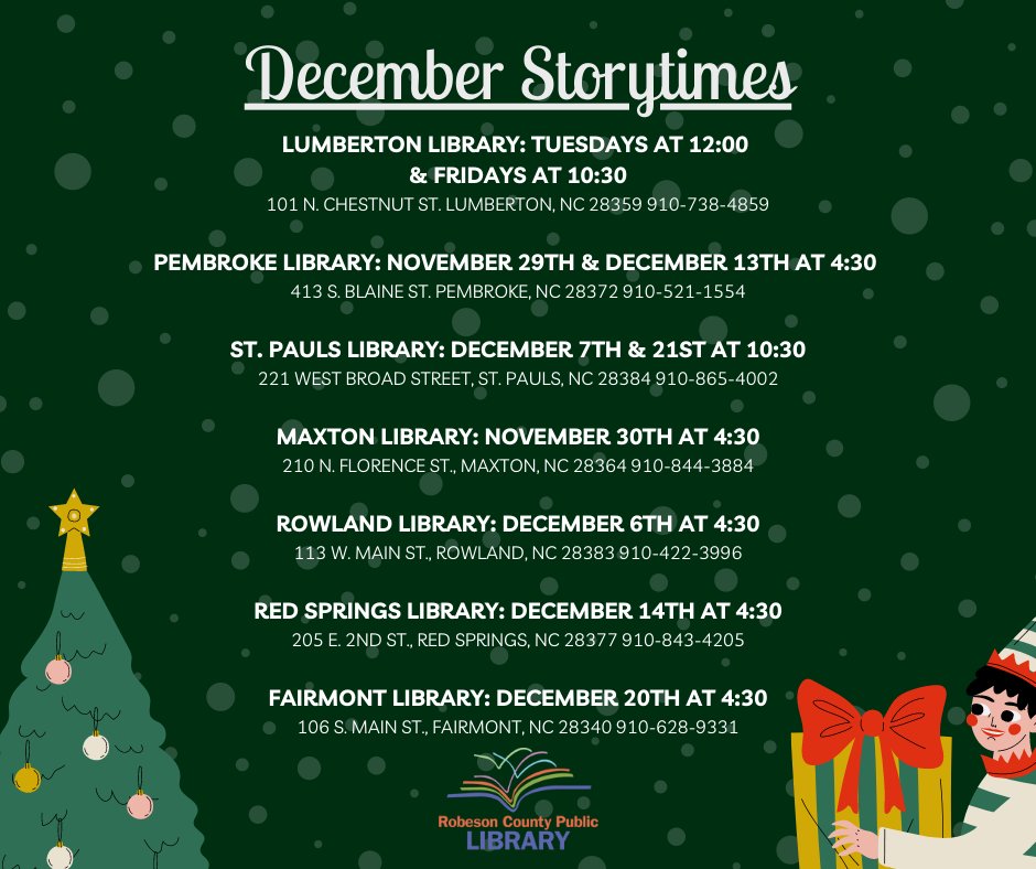 RC_PL's tweet photo. Make sure to join us in Lumberton, Rowland, and St Pauls this week for holiday themed storytimes!  And make sure to stop by the Lumberton Library on the 22nd and say hello to a certain jolly visitor...🎅🎄🎁

#library #1000booksbeforekindergarten #santa #publiclibrary #reading https://t.co/qqdDCiUwME