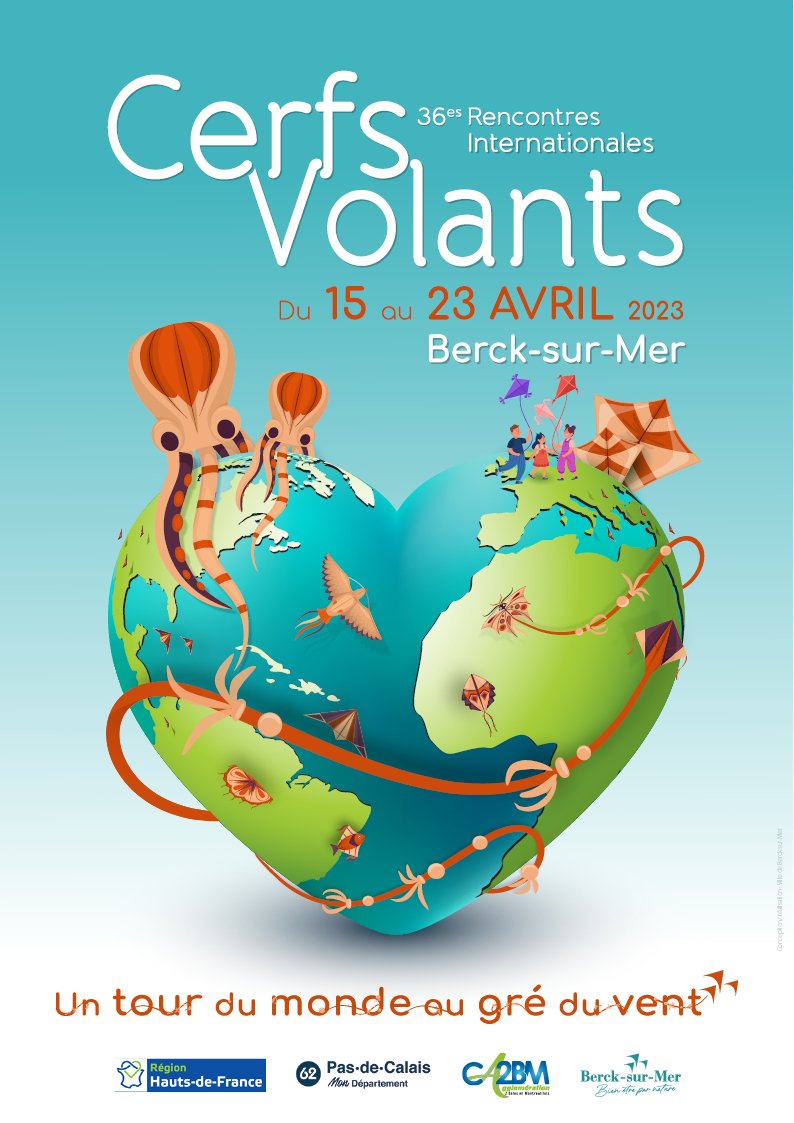 L'affiche des 36emes Rencontres Internationales de Cerfs-Volants de Berck-sur-Mer dévoilée! Rendez-vous du 15 au 23 avril 2023 pour un tour du monde au gré du vent! @CA_2BM @CerfsM @pasdecalais62 @hautsdefrance @BerckTourisme