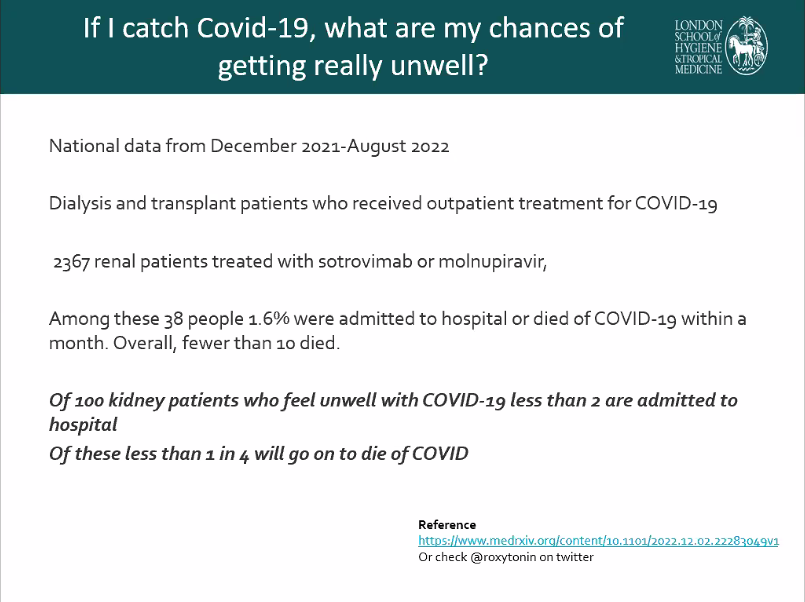 kidneycareuk's tweet photo. Dr Laurie Tomlinson @Roxytonin shares recent data, published this week, about the chances of becoming really unwell in our #CovidQuestionTime webinar https://t.co/34fCihU236