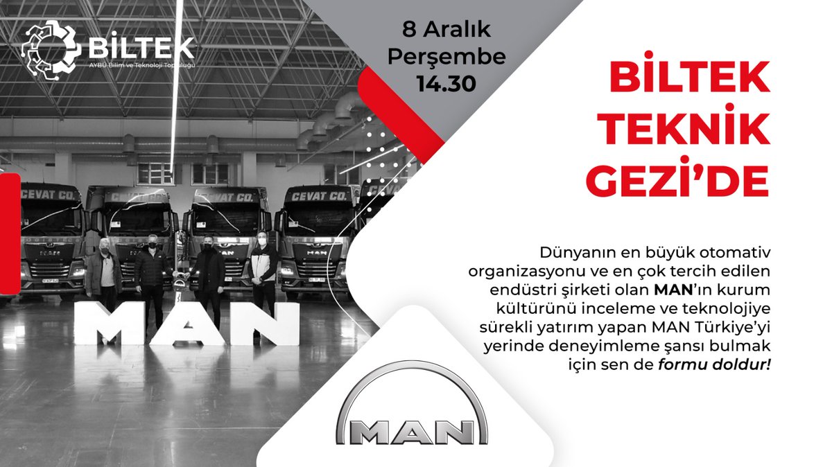 📢 BİLTEK TEKNİK GEZİ'DE 2.0 📢

💫 8 Aralık Perşembe saat 14.30'da gerçekleşecek olan teknik gezimize bekliyoruz, geç kalmadan koltuğunu kap!

📍 Katılım Formu:
forms.gle/Kz97Jcz2tuwTKJ…

💫 Sosyal medyalarımız: linktr.ee/biltek

#BİLTEK #ybu #aybü #mantürkiye #man