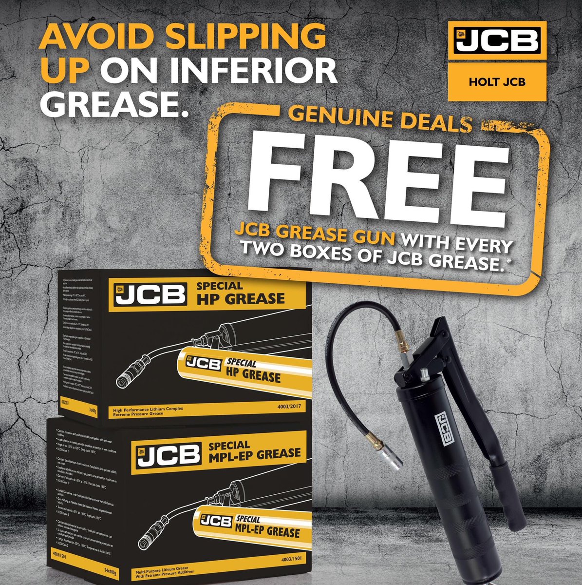 🚫 Avoid Slipping Up On Inferior Grease 🚫

Holt JCB are currently offering a FREE JCB Grease Gun with every purchase of two boxes of JCB grease.

Call to order from your Local Holt JCB Parts Department📲 lnkd.in/d3kAjFr 
#HoltJCB #Grease #JCBParts #Lubricants #Offer