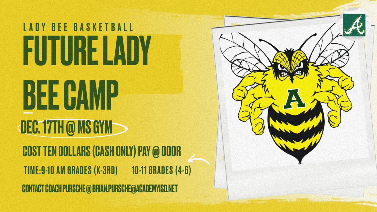 The Lady Bees will host their FUTURE LADY BEE CAMP on Saturday morning, Dec. 17th. Ten dollars cash at the door. All proceeds go directly to our Lady Bees. If you have any questions, please email coach Pursche.