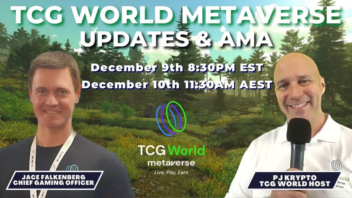 🚨 Announcement 🚨

Tune Into the #TCGWorld AMA! 🌍

→ Come Join Both <a href="/PjKrypto/">PJ Krypto</a> &amp; Jace as They Discuss Future Updates to #TCGWorld! 🎮
 
Click the Link Below! ⬇️
youtu.be/W0ot5zFPSIA

AMA Starts Friday 12/9 at 8:30PM EST or Saturday 12/10 at 11:30AM AEST ⏰

#Metaverse #Web3