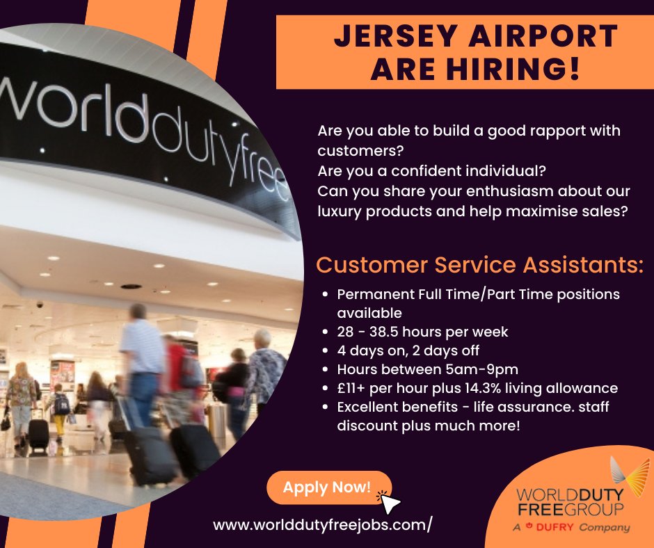 WDFJobs's tweet photo. Jersey Airport are hiring! ✈ Apply now: https://t.co/rltCsI64LI #airportjobs #worlddutyfree #jerseyjobs #jerseyairport https://t.co/ivGwEETTvI