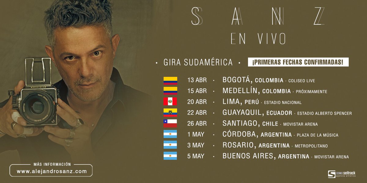 seitrackes's tweet photo. #SANZenVivo 2023 llega a Sudamérica en abril y mayo 👏👏 @AlejandroSanz suma 8 nuevas fechas en Colombia, Perú, Ecuador, Chile y Argentina 🙌
@seitrack https://t.co/QW6gzK4Bro