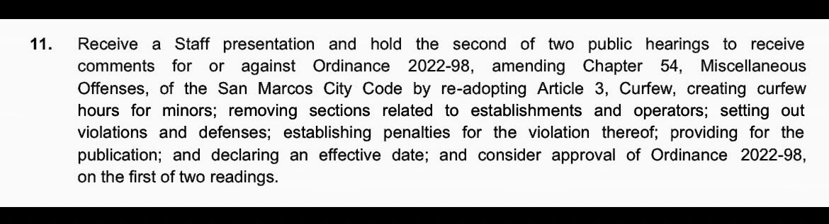 Tomorrow, city council will consider the renewal of the youth curfew ordinance, granting San Marcos officers the discretion to ticket youth not because they commit any crime, but because of their age. CRIMINALIZING YOUTH DOES NOT KEEP THEM SAFE!