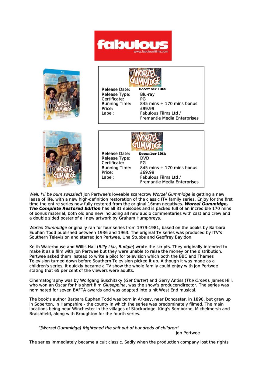 60MWPodcast's tweet photo. ***LAST CHANCE***

RT (&amp; be a follower) for a chance to #win 'Worzel Gummidge: The Complete Restored Edition' courtesy of @fabulousfilmstv

We have TWO sets to #giveaway 

Every RT gets you another place in the draw.

Trailer: https://t.co/YjbFxj3JPP……

#competition #prize https://t.co/aUxPG4A4xc