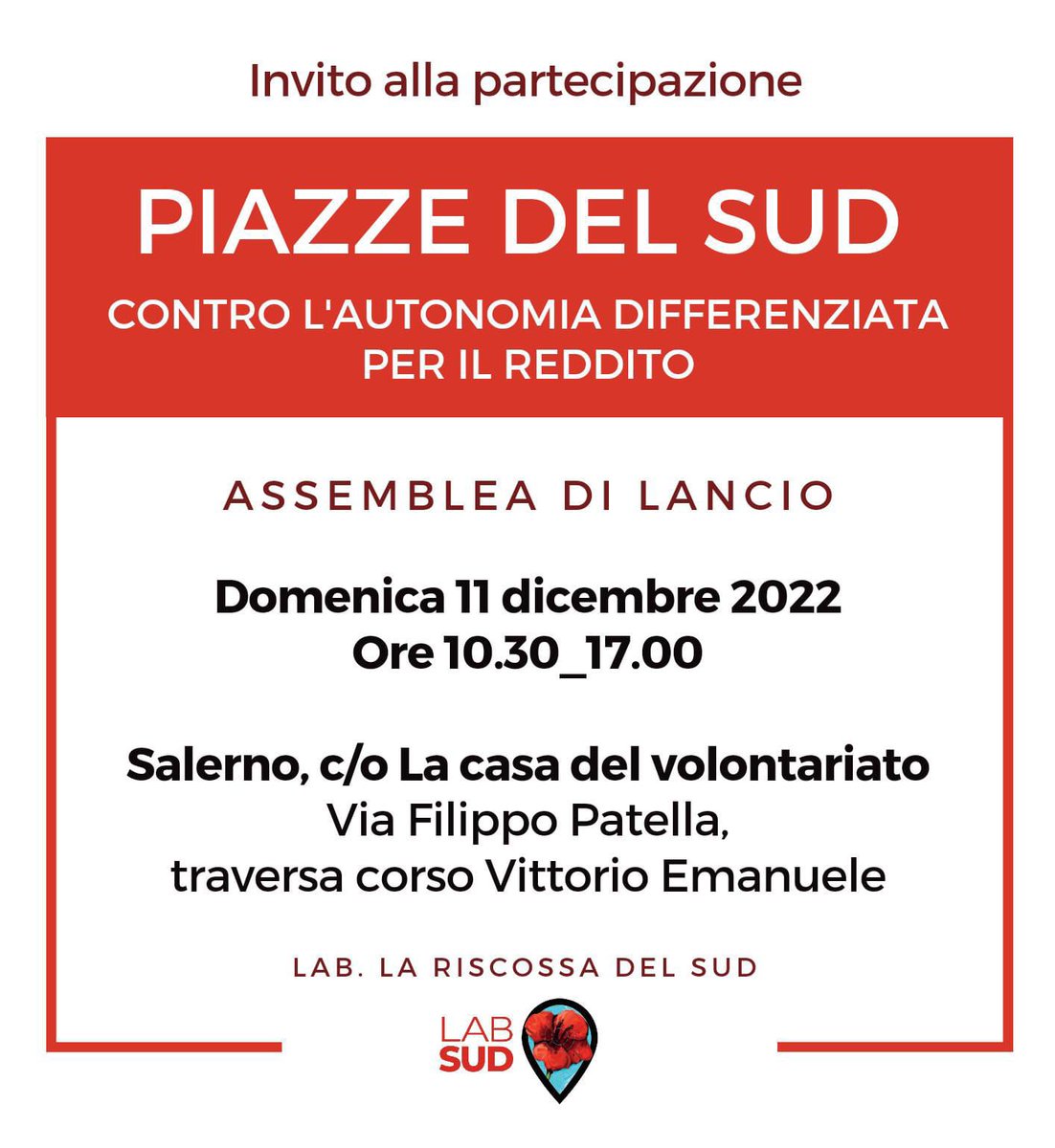 NataleCuccurese's tweet photo. A SALERNO PER UN SUD COL CAPPELLO IN TESTA…
Domenica 11 #dicembre2022 Assemblea di lancio delle #piazze del #sud
#LabSud #mezzogiorno #NoAutonomiaDifferenziata #redditocittadinanza #diritti https://t.co/afreCsQ5W9