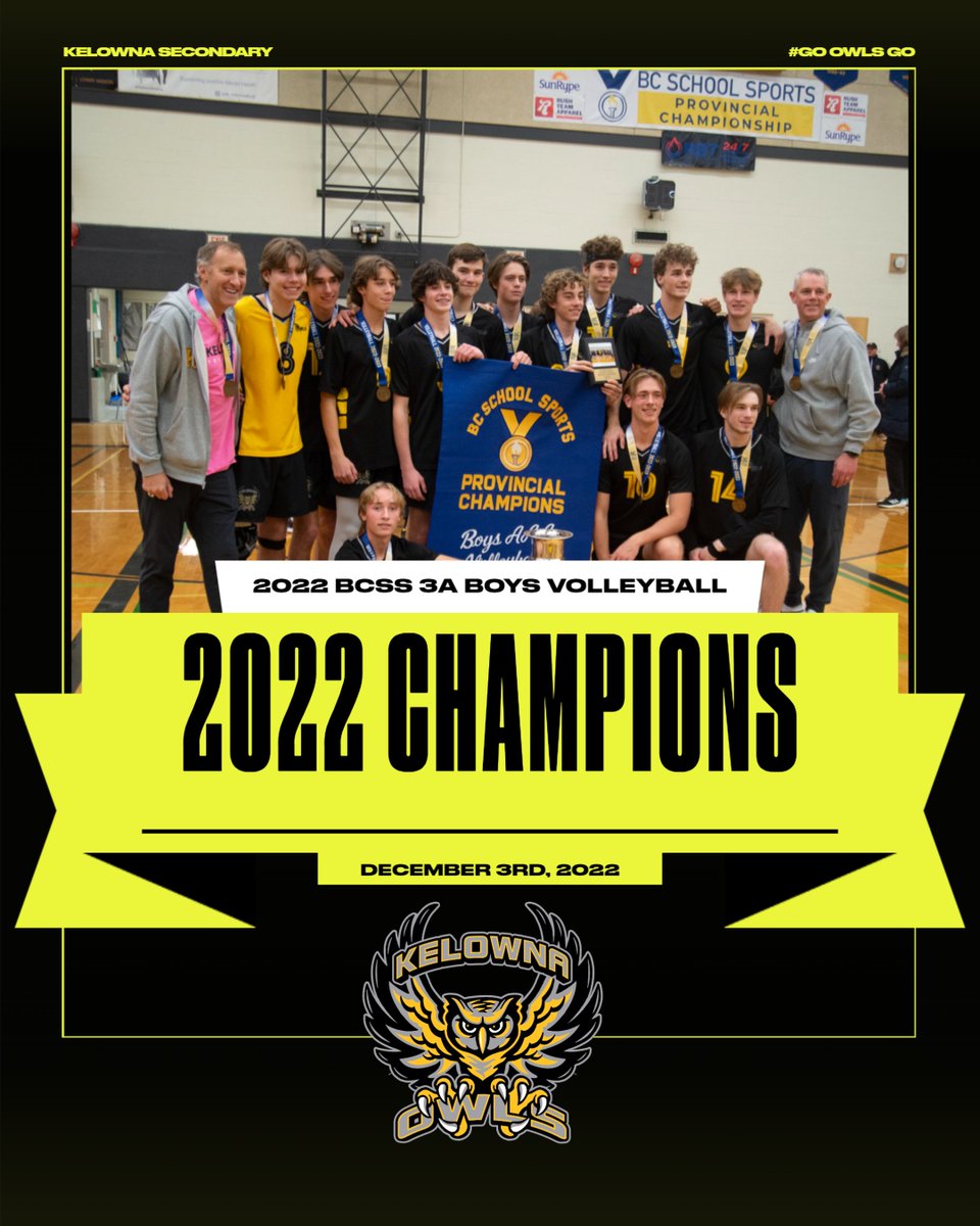 kssbrightsign4's tweet photo. Congratulations to the 2022 BCSS Provincial Champions the KELOWNA OWLS on repeating as the BCSS 3A Boys Volleyball Provincial Champions in 2022. Well done on your undefeated season. https://t.co/LevQdYOukZ