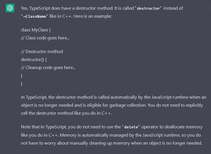 ChatGPT thinks there is a destructor method in TypeScript, lol. #chatgpt #OpenAI