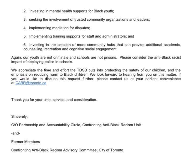 Letter against policing in schools from folks involved with the Confronting Anti-Black Racism Unit at the <a href="/cityoftoronto/">City of Toronto 🇨🇦</a>. <a href="/tdsb/">Toronto District School Board</a>